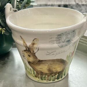 Maxcera  Postcard Bunny Rabbit Vintage Bucket w/ Wood Handle Ceramic Easter